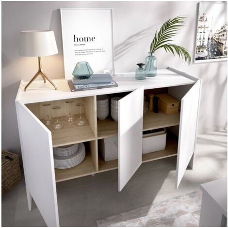 Madia 138 cm blanc mat et moka clair naturel avec trois portes - Trani