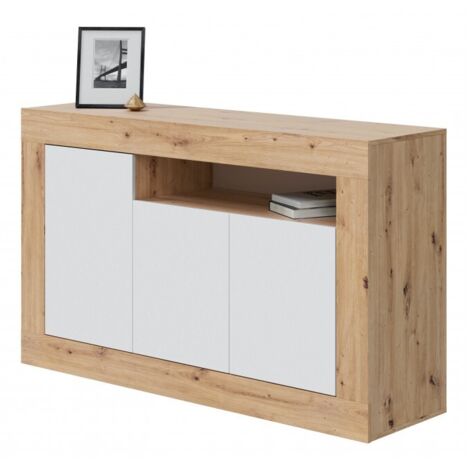 Buffet 144x42x87 cm chêne nordique et blanc mat avec 3 portes et 1 niche – Argenta