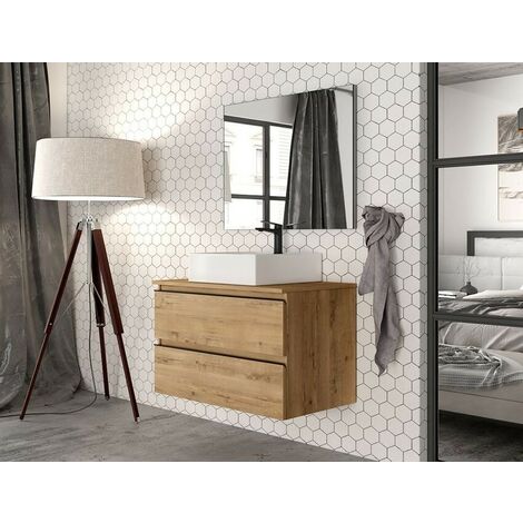 Meuble de salle de bain suspendu 80 cm en bois de chêne Ostippo avec lavabo sur pied - Italia - 80 cm Avec miroir et lampe LED - Accessorio: Standard - Misura: 80 cm