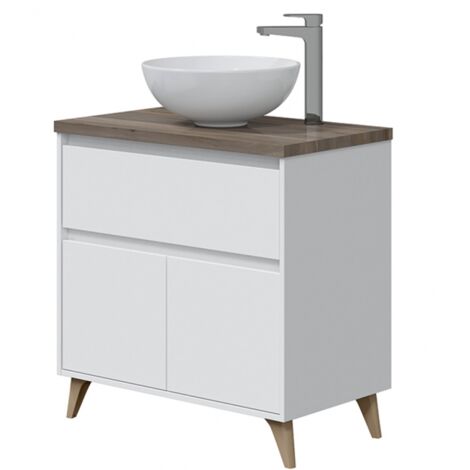 Abitare – Meuble sous vasque simple 80 cm – 2 portes et 1 tiroir – Blanc brillant et orme – Lavabo en céramique – Fermeture soft-close