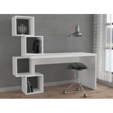 Abitare – Bureau droit 153,5x60 cm blanc mat et gris anthracite – 4 cubes de rangement – Montage facile – Pour espace de travail moderne