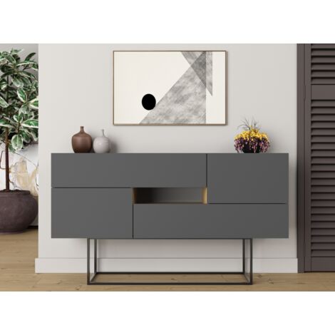 Abitare – Buffet 145x40 h cm gris anthracite et chêne clair – 2 portes et 2 tiroirs – Meuble de rangement moderne (1/5)