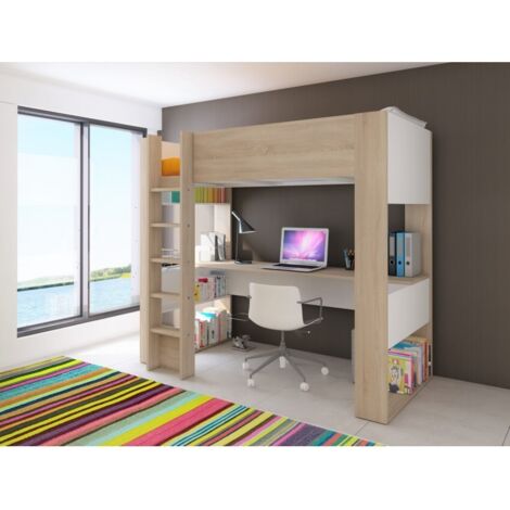 Abitare – Lit mezzanine 205x110 cm chêne et blanc mat avec bureau – Échelle antidérapante – Résistance à l'usure – Surface antibactérienne