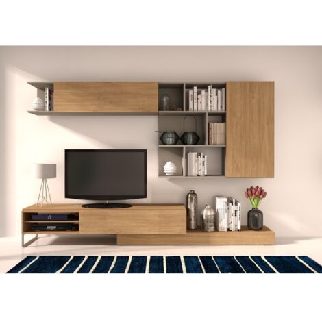 Abitare – Mur équipé porte TV 272 cm chêne et gris – Bibliothèque moderne avec 2 armoires suspendues – Panneaux mélaminés – Espace de rangement optimal