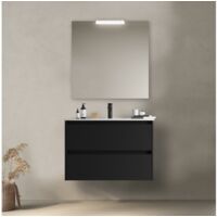 Meuble de salle de bain suspendu 80 cm en bois noir satiné avec vasque intégré - Nova - Avec miroir et lampe LED