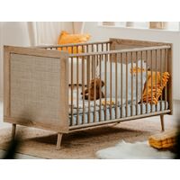 Abitare – Lit bébé 144x76 cm en panneaux de bois mélaminé – Finition chêne clair effet osier – Compact et sécurisé pour nouveau-nés