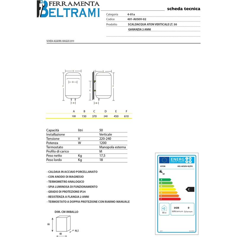 Vendita SCALDABAGNO ELETTRICO ATON LT.50 VERTICALE Anni 2 DI