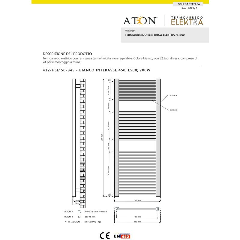 Termoarredo Elettrico 1600x500 interasse 450 design