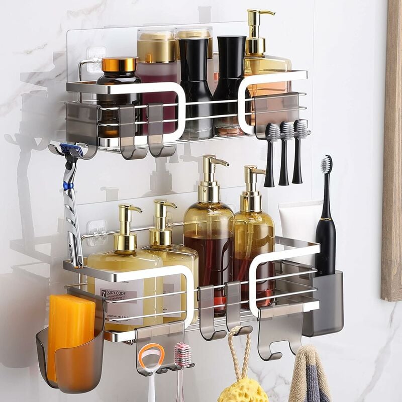 Simple Houseware 2-Tier Wall Mounted Adhesive Shower Caddy Shelf Organizer  w/ Hooks, Chrome,1 Shelf