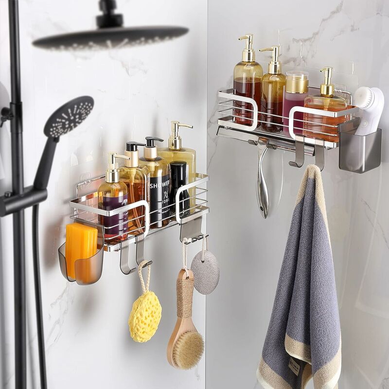 Simple Houseware 2-Tier Wall Mounted Adhesive Shower Caddy Shelf Organizer w/ Hooks, Chrome