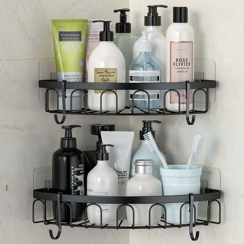 No Drilling Corner Shower SUS304 Stainless Steel Shower Shelf No Drilling Bathroom  Shelves, Black, with 4 Hooks