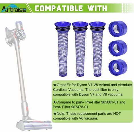 Filter Replacement for Dy.son V7, V8 Animal and V8 Absolute Cordless  Vacuum, Replaces Part # 965661-01, 967478-01, 4 Pre Filter and 4 Post  Filter with