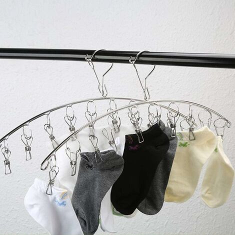 Hanging Clothes Rack Stainless Steel Sock Hanger Drying Rack Hanger with 10  Clips for Cloth Diapers, Bras, Towel, Underwear, Scarf, Gloves (2 Pcs)