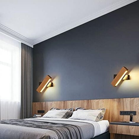 GOECO LED-Wandleuchte Innen, 360° Drehbare LED-Wandleuchte aus Massivholz, Moderne Wandleuchte für Schlafzimmer, Schwarz, Warmweißes Licht 3000K