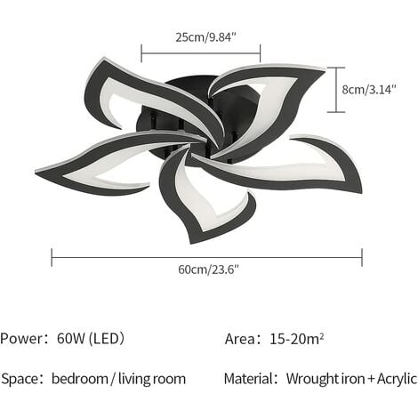 GOECO Moderne LED Deckenleuchte, 60W kreatives Blütenblatt-Design, kaltes weißes Licht 6000K Acryl-Deckenlampe, für Wohnzimmer, Schlafzimmer, Arbeitszimmer (Durchmesser 60 cm, Schwarz)