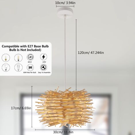 GOECO Bambus-Pendelleuchte im Boho-Stil 30cm x 17cm, Natürliche Geflochtene Rattan-Lampe, E27 Vintage Deckenleuchte für Restaurant Wohnzimmer Küche Café (Glühbirne nicht enthalten)