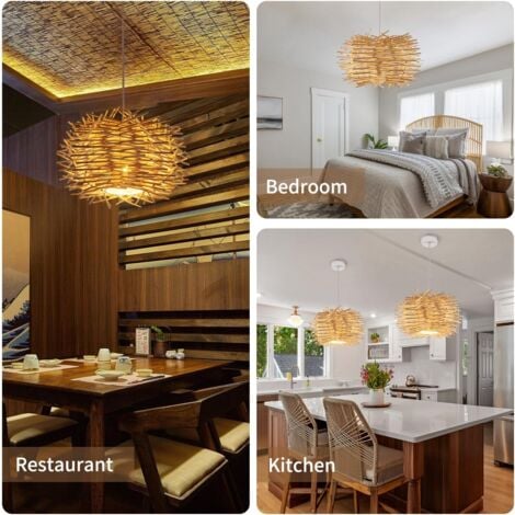 GOECO Bambus-Pendelleuchte im Boho-Stil 30cm x 17cm, Natürliche Geflochtene Rattan-Lampe, E27 Vintage Deckenleuchte für Restaurant Wohnzimmer Küche Café (Glühbirne nicht enthalten)