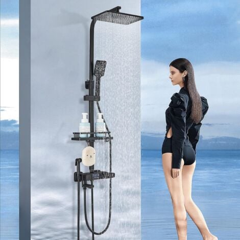 Colonne de Douche Thermostatique Noir avec Mitigeur 38°C,Ensemble de Douche avec 4 Fonctions Hauteur RéGlable,Système de Douche à tête Carréeavec Douchette à Main pour Salle de Bain