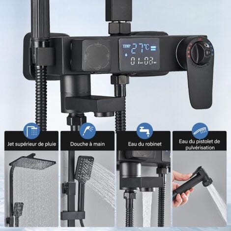Colonne de Douche Thermostatique Noir avec Mitigeur 38°C,Ensemble de Douche avec 4 Fonctions Hauteur RéGlable,Système de Douche à tête Carréeavec Douchette à Main pour Salle de Bain