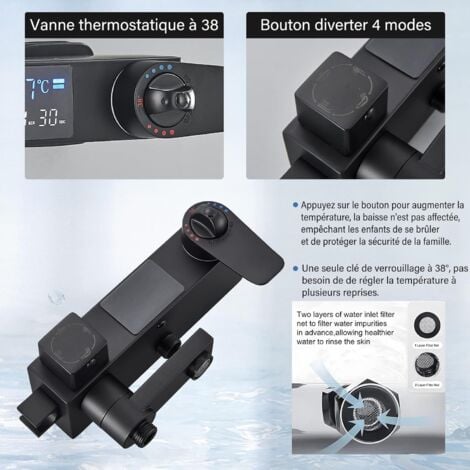 Colonne de Douche Thermostatique Noir avec Mitigeur 38°C,Ensemble de Douche avec 4 Fonctions Hauteur RéGlable,Système de Douche à tête Carréeavec Douchette à Main pour Salle de Bain