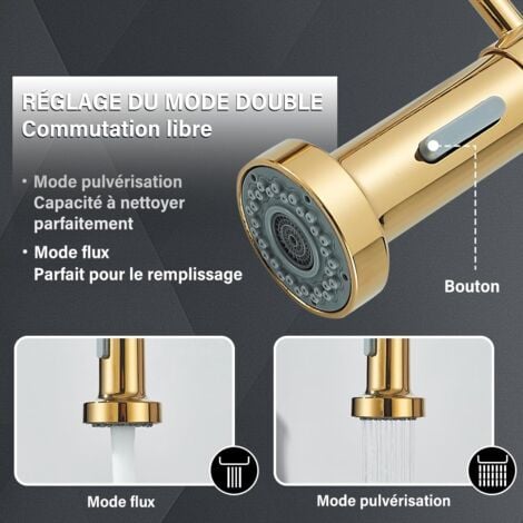 Robinet Cuisine doré 360°robinetterie de cuisine Avec 2 Modes de Pulvérisation Mitigeur Cuisine Monocommande Evier Froide et Chaud Disponible