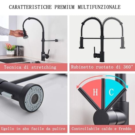 Robinet de cuisine noir mitigeur de cuisine avec douchette mitigeur pivotant à 360°