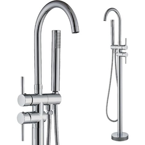 Robinet de Baignoire Indépendant Robinet de Remplissage de salle de bain Support de sol à Deux Poignées Chrome avec Douche à Main