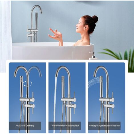 Robinet de Baignoire Indépendant Robinet de Remplissage de salle de bain Support de sol à Deux Poignées Chrome avec Douche à Main