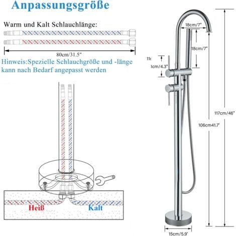Robinet de Baignoire Indépendant Robinet de Remplissage de salle de bain Support de sol à Deux Poignées Chrome avec Douche à Main