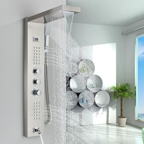 Colonne de Douche Hydromassante Thermostatique Acier inoxydable Nickel Brossé 5 Fonctions (cascade et tête de douche de pluie, douche de poche, jets de massage, bec de baignoire)