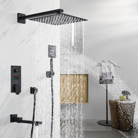 Système de Douche Encastré avec Tête de Douche Carrée 12 pouce Laiton Douchette Affichage Numérique avec Rotatif à 360 Degrés bec de Baignoire Set de Douche pour Salle de Bains