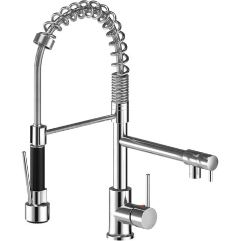 Suguword – Robinet de cuisine mitigeur à douchette – Finition chrome – Hauteur sous bec 12,5 cm – Rotation 360° – Installation sur le pont
