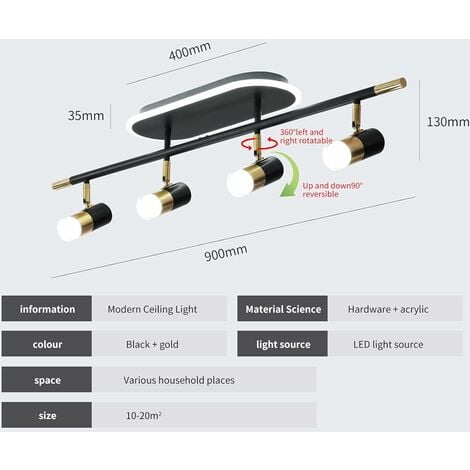 Ganeed plafonnier LED 4 spots pivotants & orientables，Plafonnier Dimmable avec Télécommande,noir-or sans ampoule ,de Plafond pour Cuisine, Couloir, salon