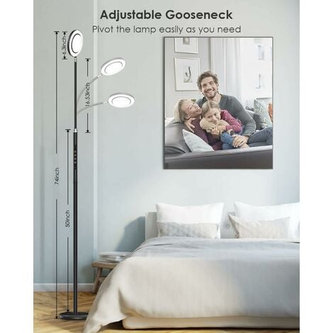 Ganeed lampe sur pied salon, platine LED 20W, luminosité réglable, tête flexible, choix de lumière: blanc chaud, neutre ou froid, fonction TOUCH, lampadaire moderne chambre bureau salle à manger