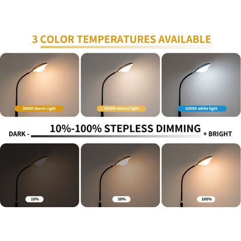 Ganeed lampe sur pied salon, platine LED 20W, luminosité réglable, tête flexible, choix de lumière: blanc chaud, neutre ou froid, fonction TOUCH, lampadaire moderne chambre bureau salle à manger