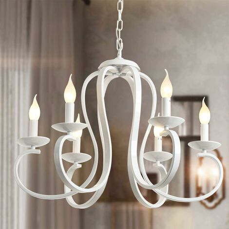 Ganeed – Lustre vintage en métal blanc à 6 ampoules E14 – Dimensions 53x53x38 cm – Chaîne réglable 90 cm – Dimmable pour ambiance chaleureuse (1/5)