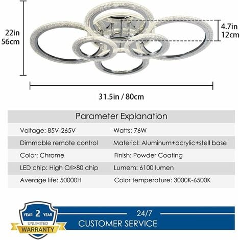 Ganeed LED Plafonnier 76W Moderne Proche du Plafonnier Dimmable 6 Anneaux Lustre de Plafond pour Salon Chambre, Chrome