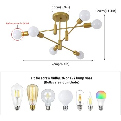 Ganeed Lampe à suspension de lustre moderne réglable en hauteur 6 lumières métal industriel vintage support lustre pour salon salle à manger chambre à coucher foyer, or