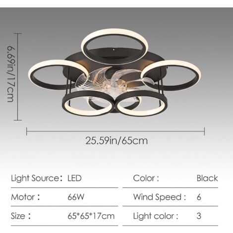 Ganeed Dimmable Ventilateur Plafond Avec Lumiere Silencieux, 75W Plafonnier Ventilateur LED, Lustre Salon LED Design à 6 Anneaux Avec Télécommande et APP Timing, 6 Vitesses, Réversible, Noir