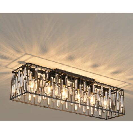 Ganeed – Suspension LED moderne en cristal noir – Lustre 6 lumières E27 dimmable – Dimensions 98x24x27cm – Pour salon et salle à manger