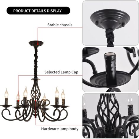 Ganeed Lustres rustiques Français Country Vintage Chandelier Métal dans Antique Pendentif Luminaire Noir 6 Lumières