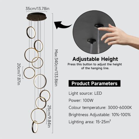 Ganeed Lustre moderne noir à 10 anneaux pour plafond haut, grand et long escalier, luminaire LED pour entrée, hall d'entrée, intensité variable avec télécommande, lustre LED suspendu au plafond
