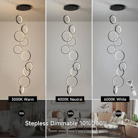 Ganeed Lustre moderne noir à 10 anneaux pour plafond haut, grand et long escalier, luminaire LED pour entrée, hall d'entrée, intensité variable avec télécommande, lustre LED suspendu au plafond