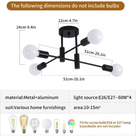 Ganeed Lampe à suspension de lustre moderne réglable en hauteur 4 lumières en métal industriel vintage support lustre pour salon salle à manger chambre foyer, noir