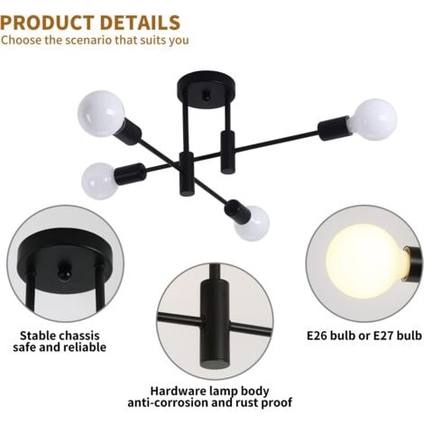 Ganeed Lampe à suspension de lustre moderne réglable en hauteur 4 lumières en métal industriel vintage support lustre pour salon salle à manger chambre foyer, noir
