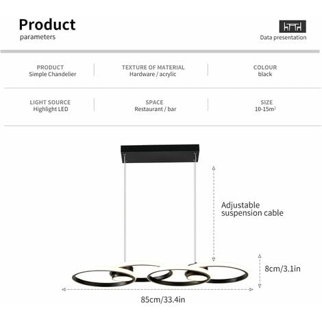 Ganeed Suspension LED moderne, 4 anneaux à intensité variable avec télécommande, lustre à suspendre réglable pour salle à manger, salon, cuisine, bar (56 W, 3000-6000 K, noir)