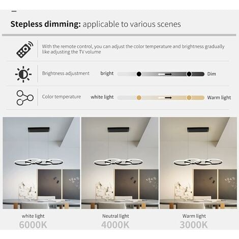Ganeed Suspension LED moderne, 4 anneaux à intensité variable avec télécommande, lustre à suspendre réglable pour salle à manger, salon, cuisine, bar (56 W, 3000-6000 K, noir)