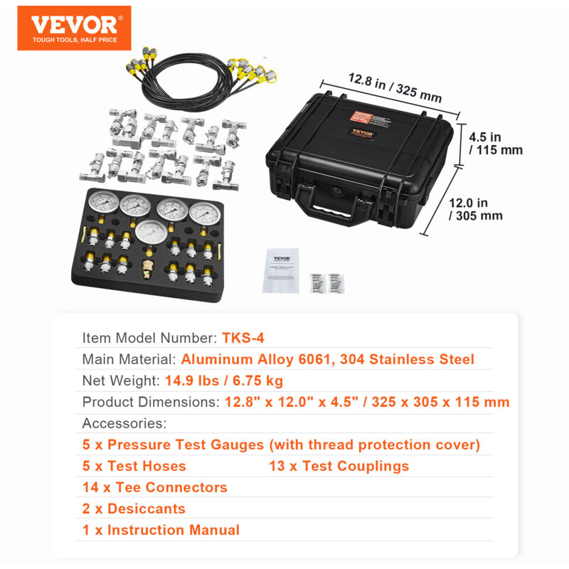 Timntts Hydraulic Pressure Test Kit - 5 Gauges (Up To 600Bar), 5 Hoses, 13 Couplings, Portable Case - View #3