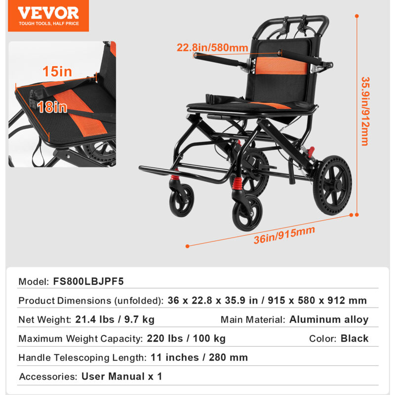 VEVOR Leichter Transportrollstuhl Aus Aluminium – Klappbar, Mit Armlehnen & Selbstsperrenden Bremsen Für Unterwegs