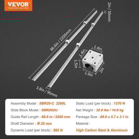 VEVOR Linearführung Linearschiene 2 Stk. SBR20-2200mm Kohlenstoffstahl Aluminium Führungsschiene mit 4 Stk. SBR20UU-Gleitblöcke Linearlager Lagerblock CNC Teile für 3D Drucker Fräs-/Drehmaschine